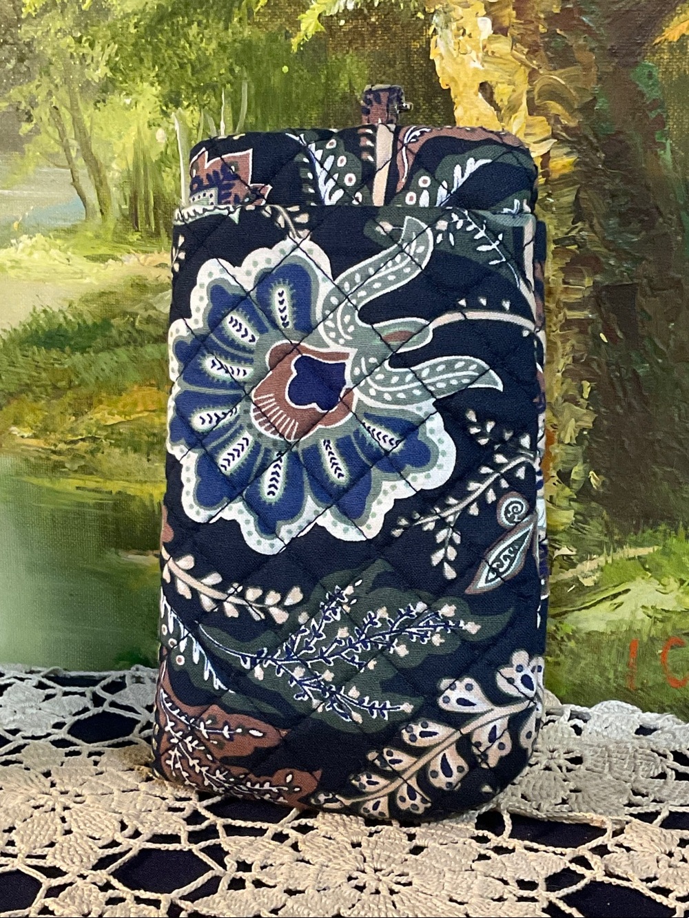 Vera Bradley Navy Floral Quilted Phone Pouch with Wrist Loop